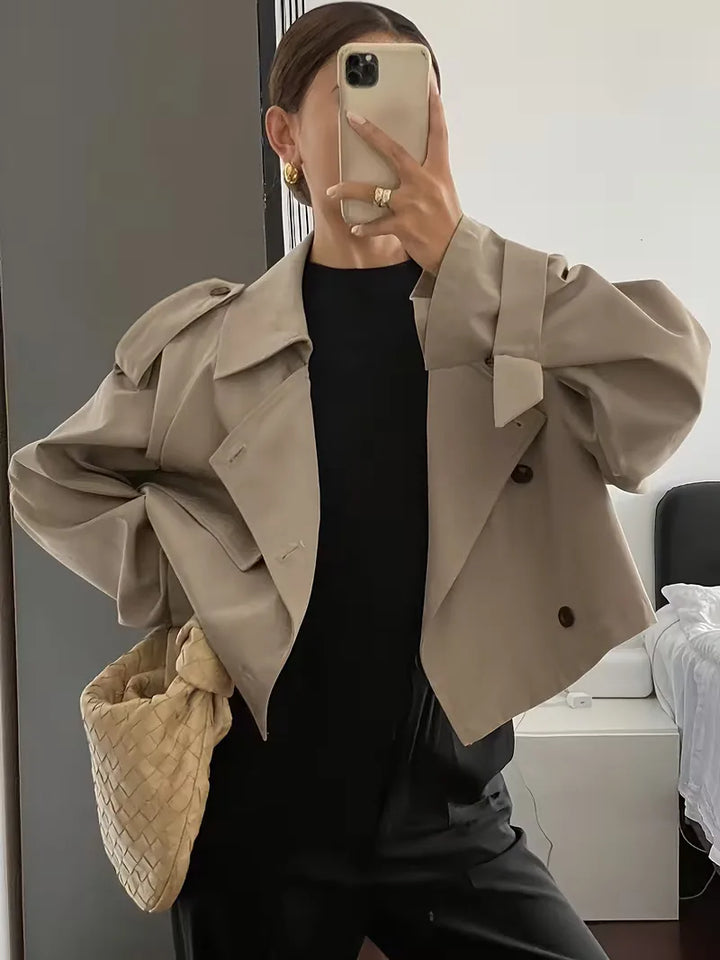 Women's Cropped Trench Coat with Lapel & Double Breasted | Oversized