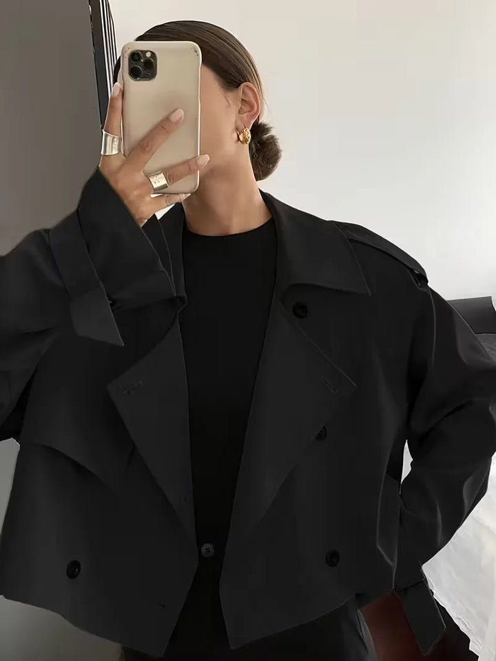 Women's Cropped Trench Coat with Lapel & Double Breasted | Oversized