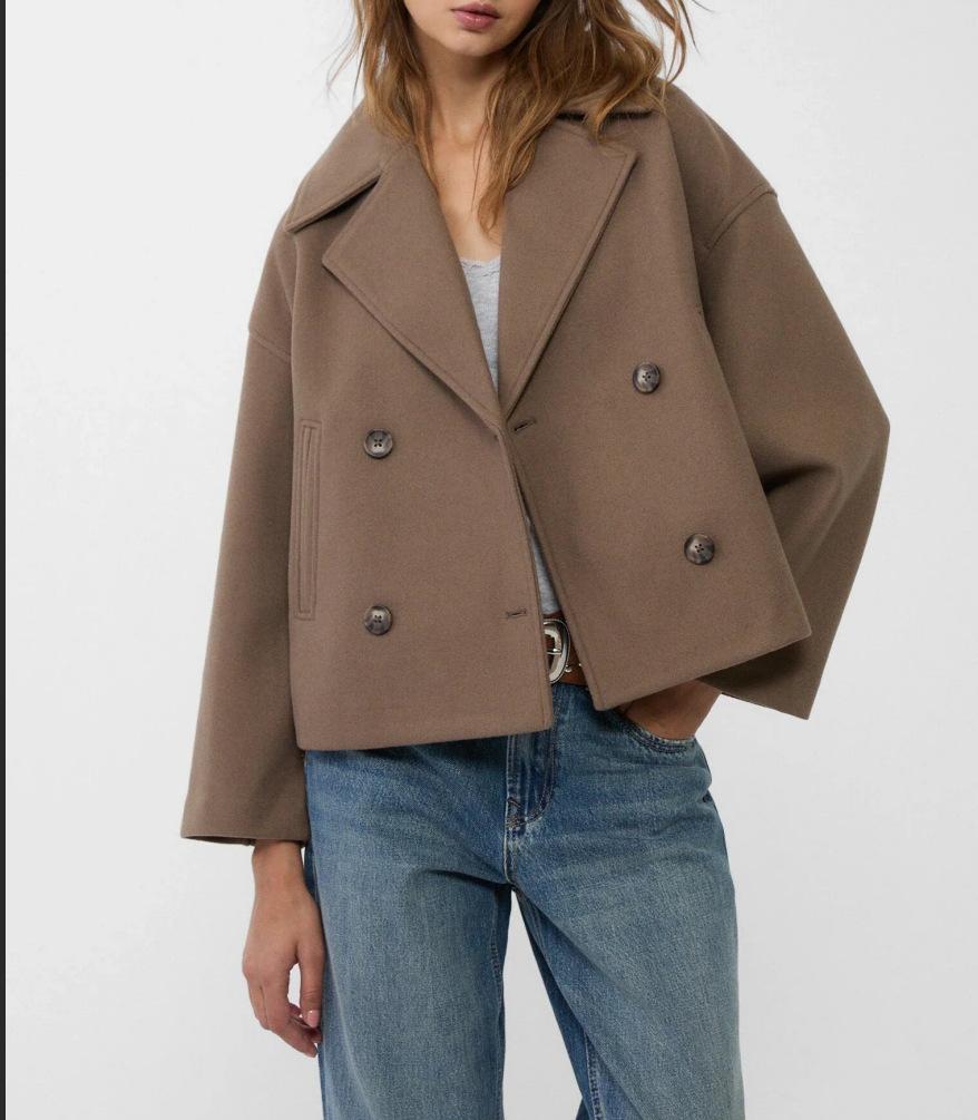 Women's Cropped Trench Coat with Notched Lapel & Buttons | Casual