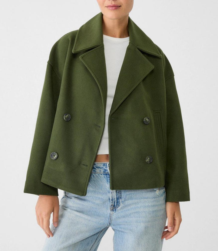 Women's Cropped Trench Coat with Notched Lapel & Buttons | Casual