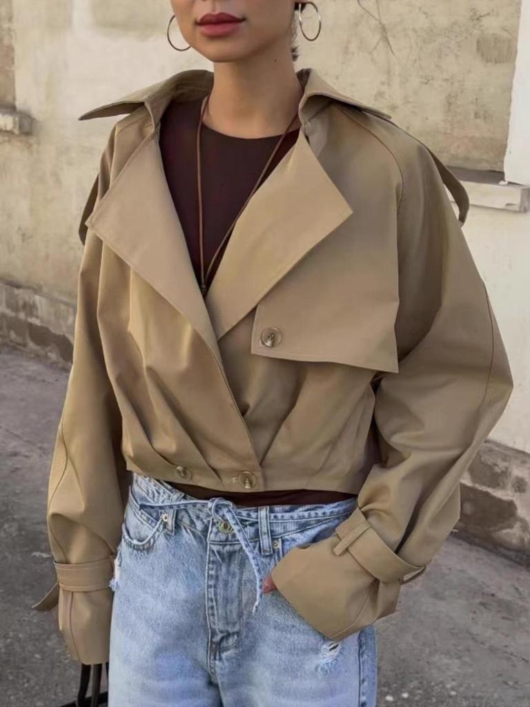 Women's Cropped Trench Coat with Oversized Lapel | Belt Cuffs