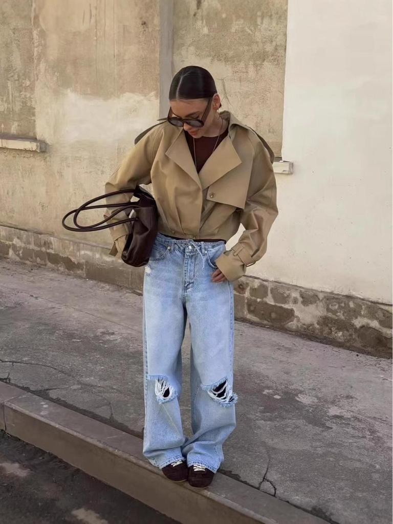 Women's Cropped Trench Coat with Oversized Lapel | Belt Cuffs