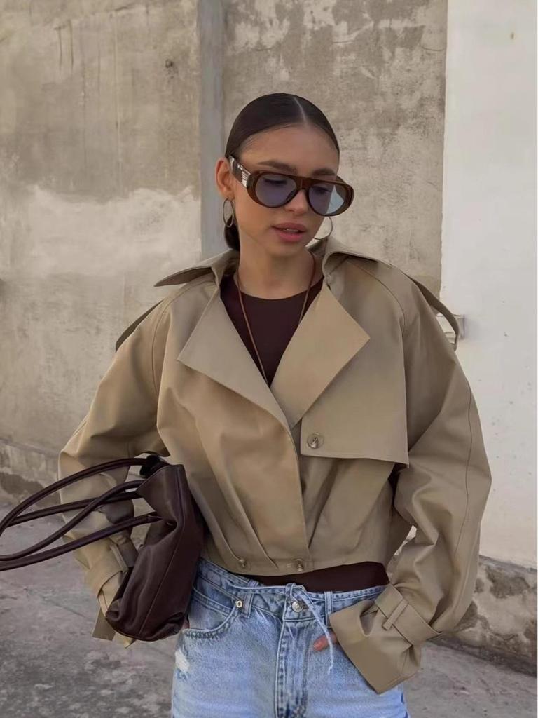 Women's Cropped Trench Coat with Oversized Lapel | Belt Cuffs