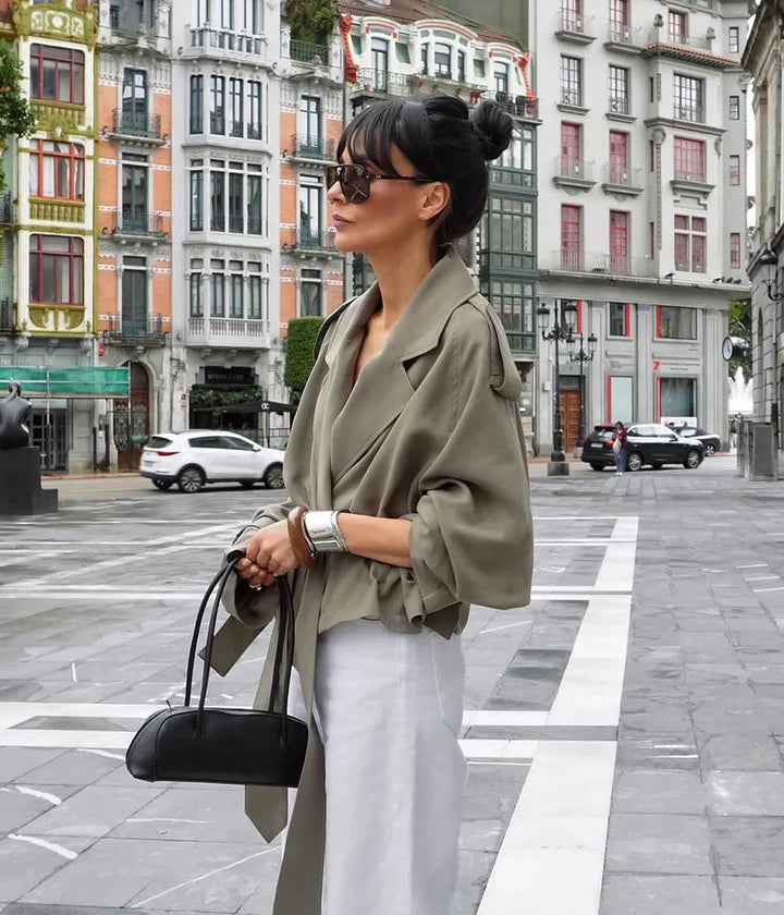 Women's Cropped Trench Coat with Tie Belt & Notched Lapel | Casual