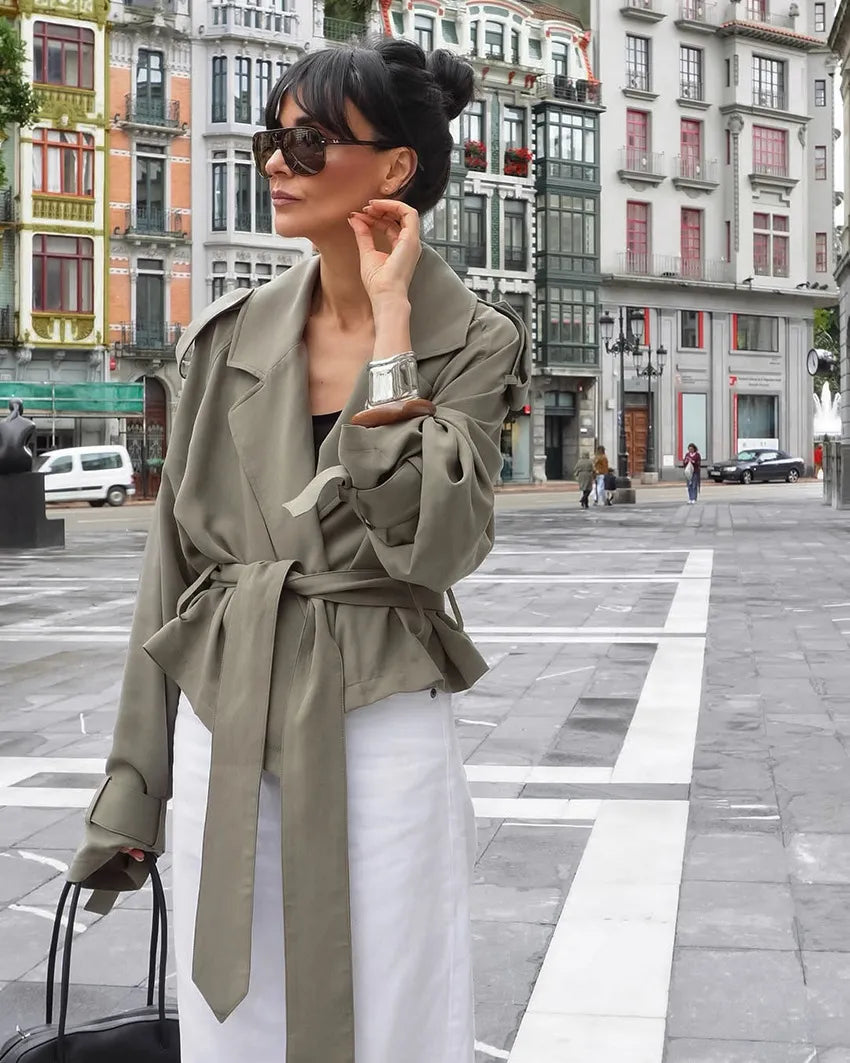 Women's Cropped Trench Coat with Tie Belt & Notched Lapel | Casual