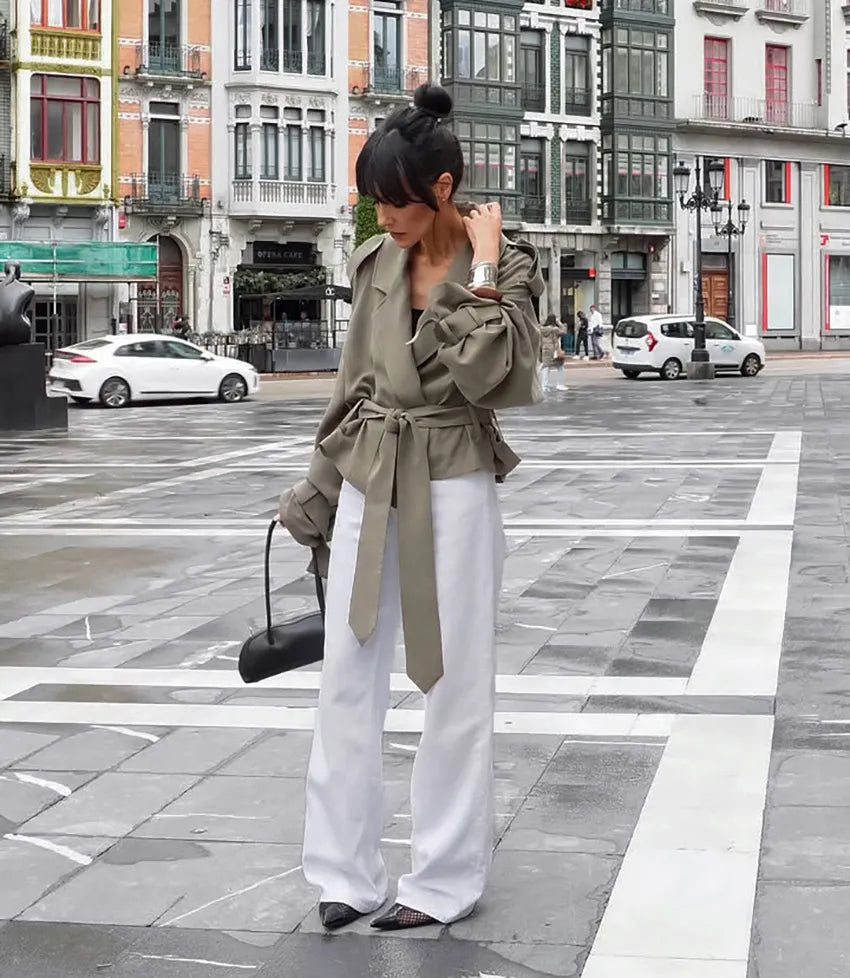 Women's Cropped Trench Coat with Tie Belt & Notched Lapel | Casual
