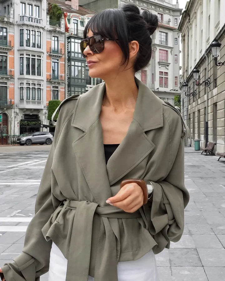 Women's Cropped Trench Coat with Tie Belt & Notched Lapel | Casual