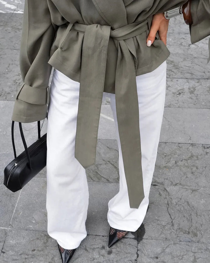 Women's Cropped Trench Coat with Tie Belt & Notched Lapel | Casual