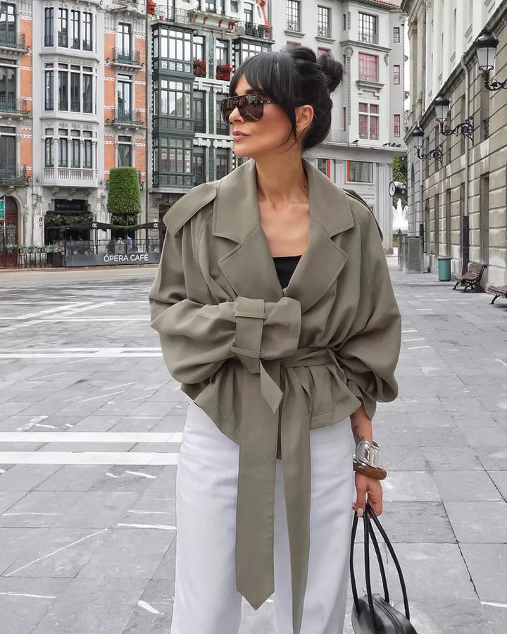 Women's Cropped Trench Coat with Tie Belt & Notched Lapel | Casual