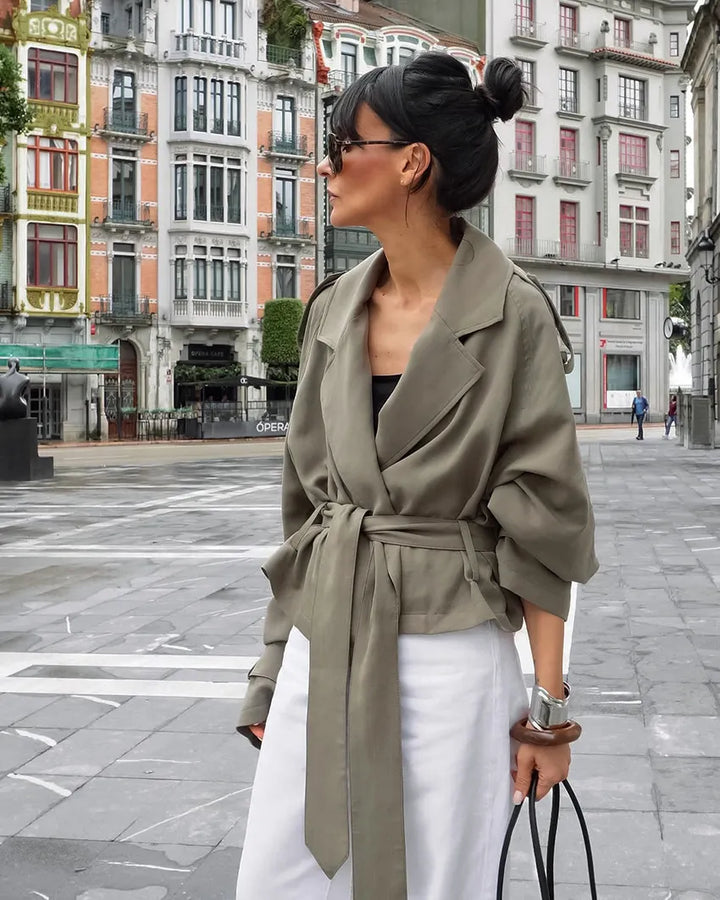 Women's Cropped Trench Coat with Tie Belt & Notched Lapel | Casual