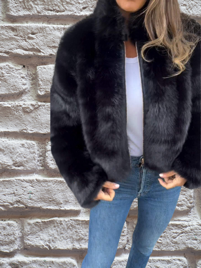 Women's Cropped Winter Jacket with Stand Collar | Fluffy