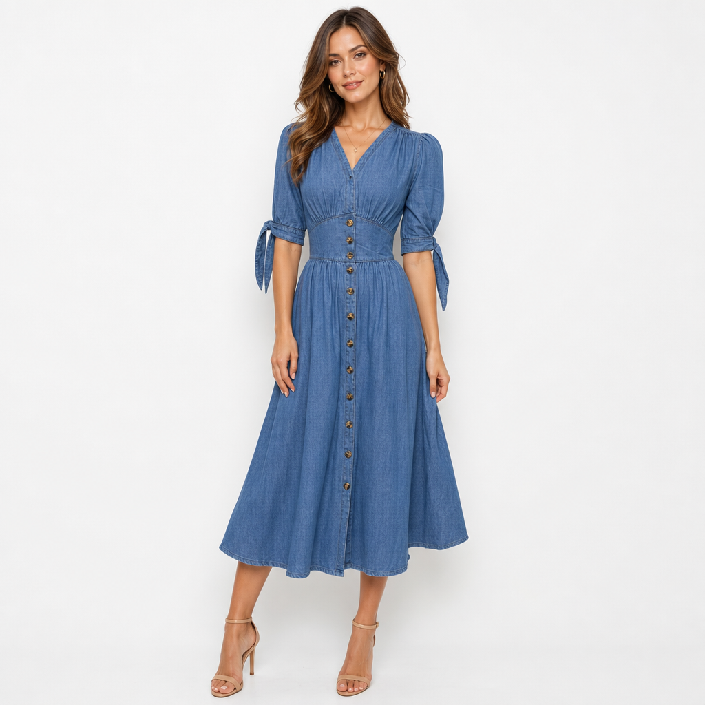 Women's Dress with Button Front & V-Neck | Maxi