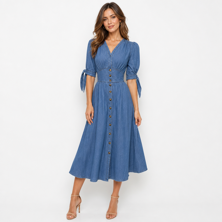 Women's Dress with Button Front & V-Neck | Maxi