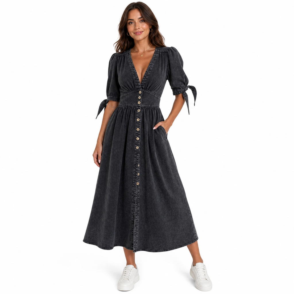 Women's Dress with Button Front & V-Neck | Maxi