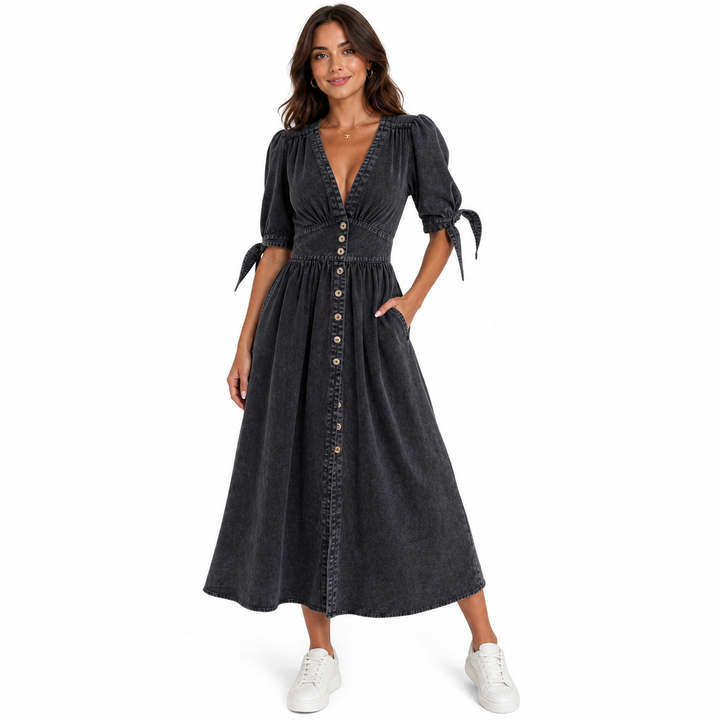 Women's Dress with Button Front & V-Neck | Maxi