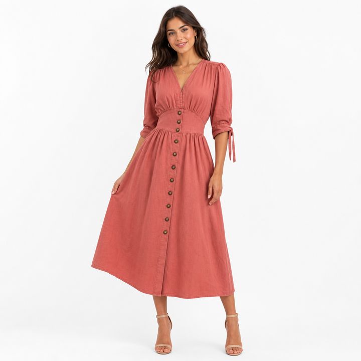 Women's Dress with Button Front & V-Neck | Maxi