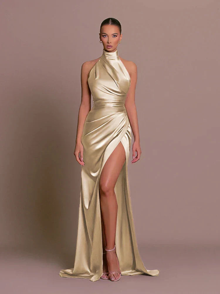 Women's Evening Dress with Halter Neck & Side Slit | Maxi Gown