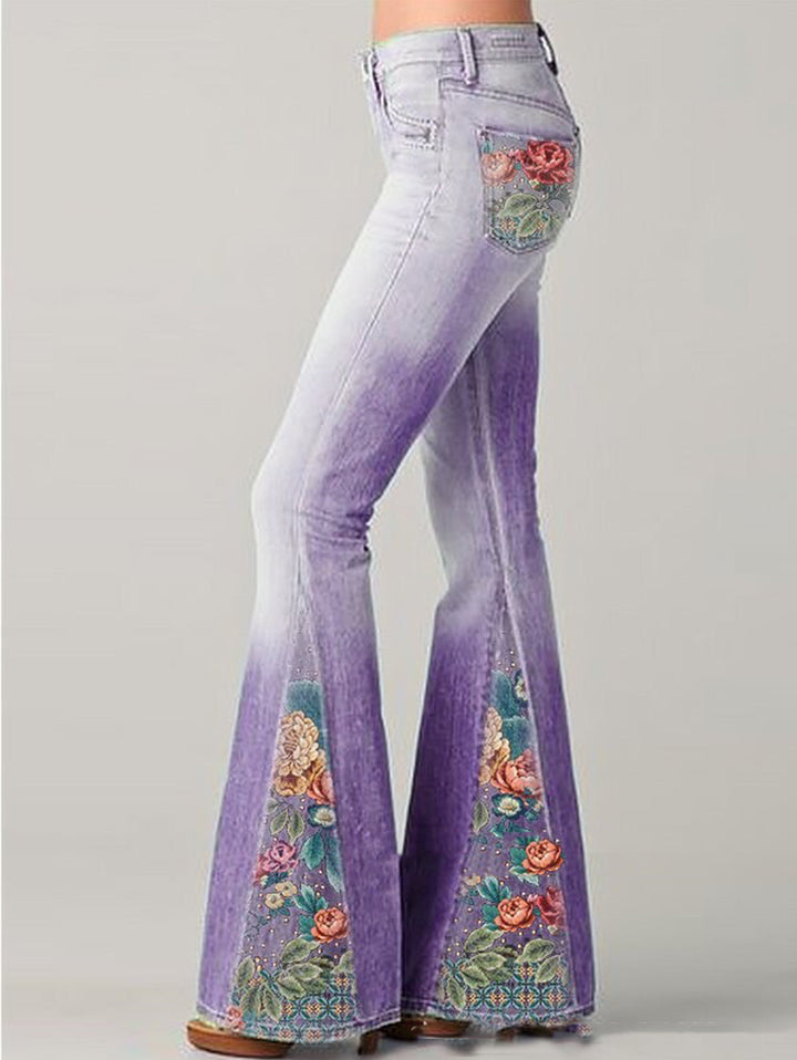 Women's Flare Jeans Floral Print | Summer