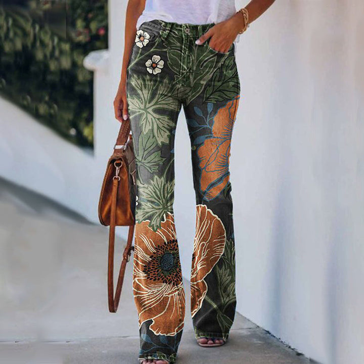 Women's Flare Jeans Floral Print with Button Fly | Boho