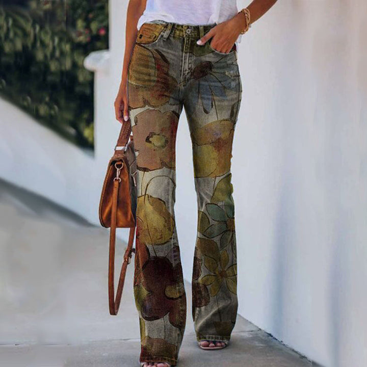 Women's Flare Jeans Floral Print with Button Fly | Boho