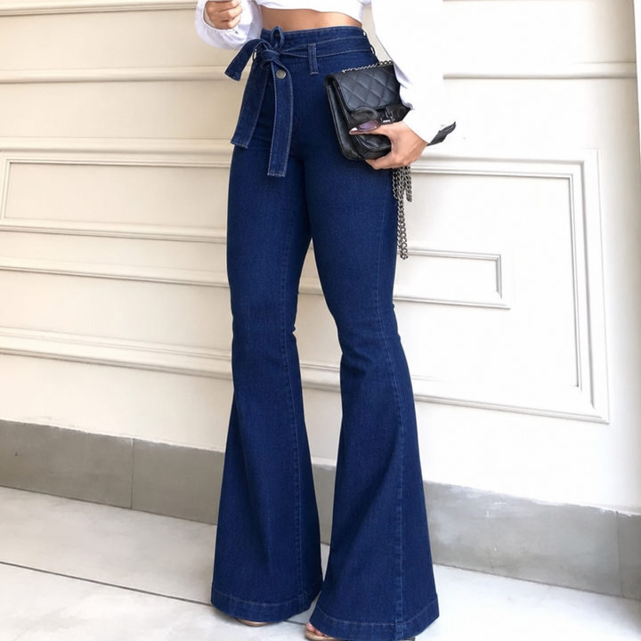 Women's Flare Jeans High Waist with Tie Belt | Retro Style