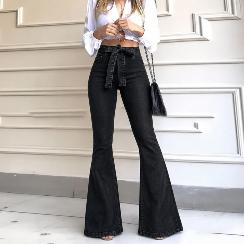 Women's Flare Jeans High Waist with Tie Belt | Retro Style