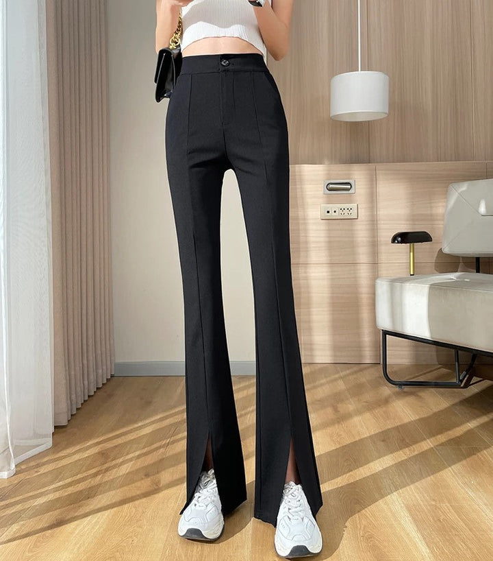 Women's Flare Pants High Waist with Slit Hem | Black