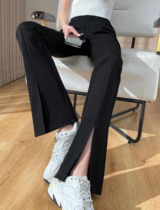 Women's Flare Pants High Waist with Slit Hem | Black