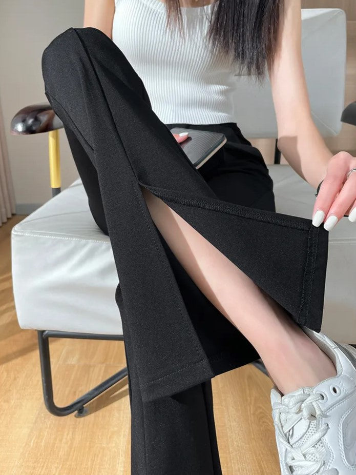 Women's Flare Pants High Waist with Slit Hem | Black