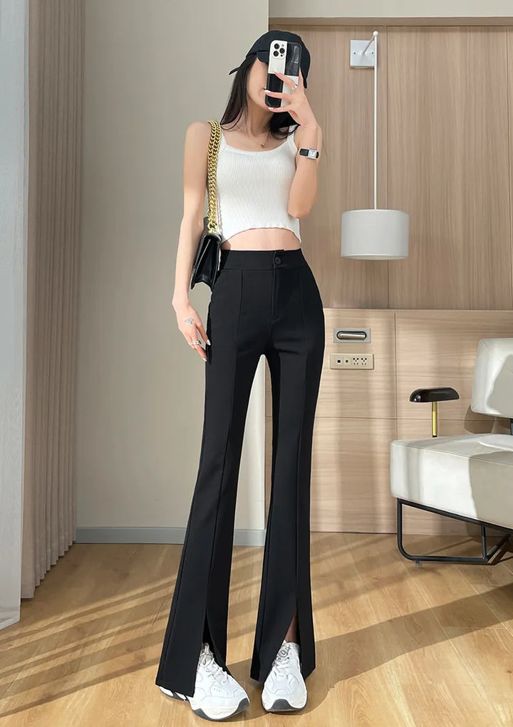 Women's Flare Pants High Waist with Slit Hem | Black