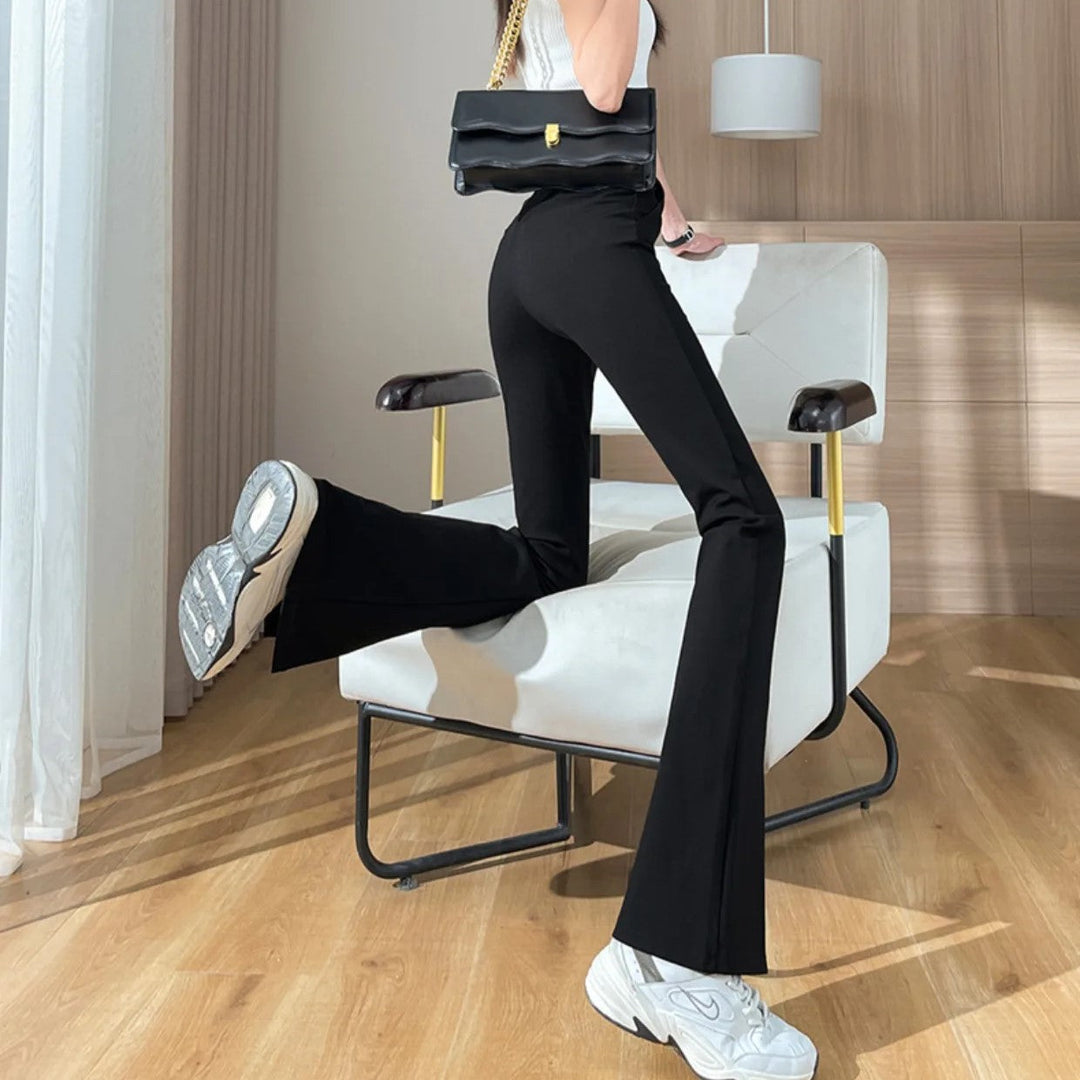 Women's Flare Pants High Waist with Slit Hem | Black