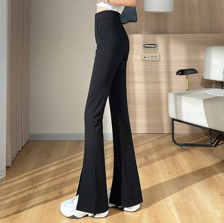 Women's Flare Pants High Waist with Slit Hem | Black