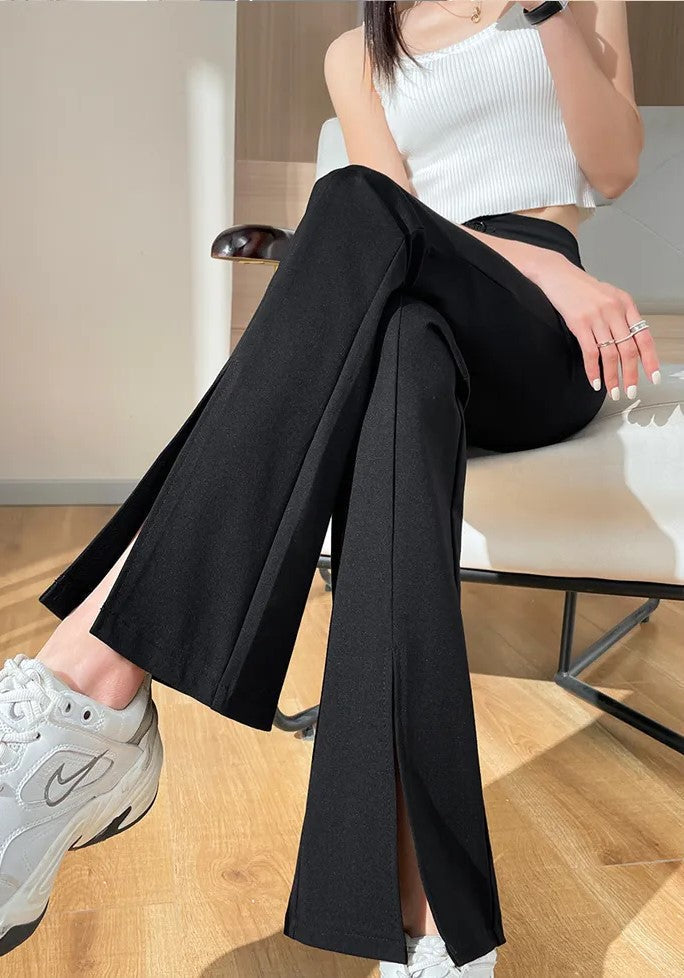 Women's Flare Pants High Waist with Slit Hem | Black