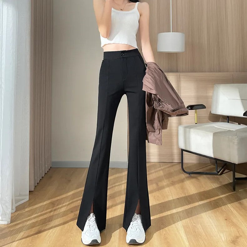 Women's Flare Pants High Waist with Slit Hem | Black