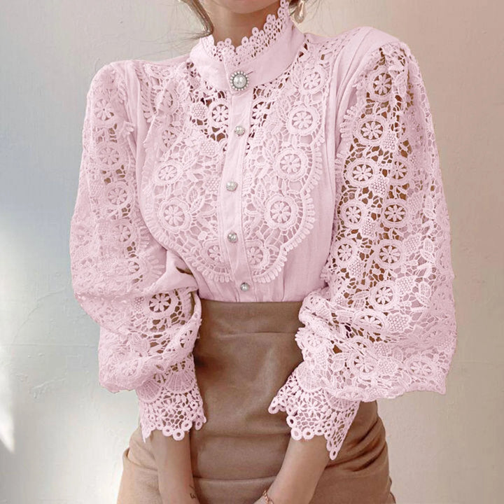 Women's Floral Crochet Blouse with Stand Collar | Long Sleeve