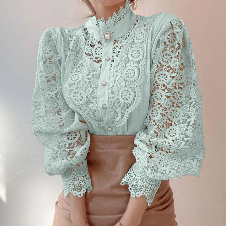 Women's Floral Crochet Blouse with Stand Collar | Long Sleeve