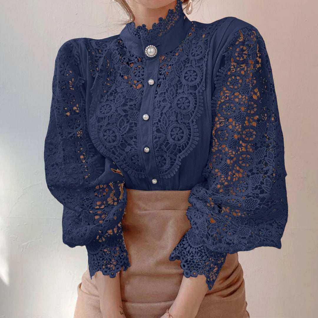 Women's Floral Crochet Blouse with Stand Collar | Long Sleeve