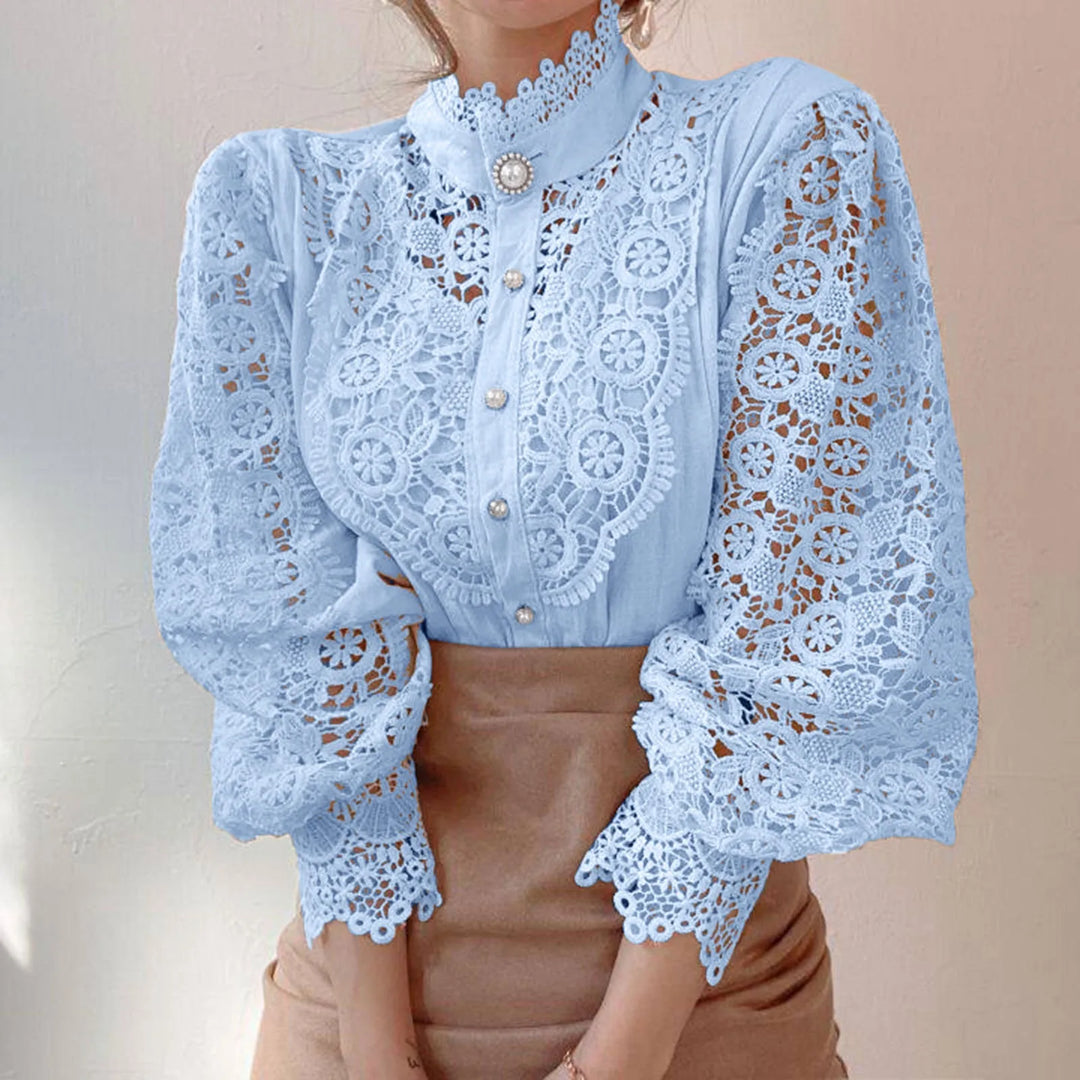 Women's Floral Crochet Blouse with Stand Collar | Long Sleeve