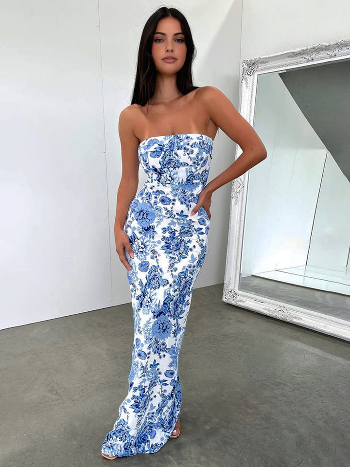 Women's Floral Dress Strapless | Back Slit Maxi