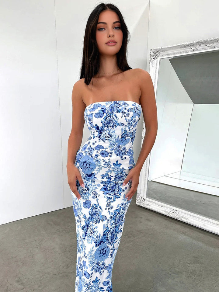 Women's Floral Dress Strapless | Back Slit Maxi