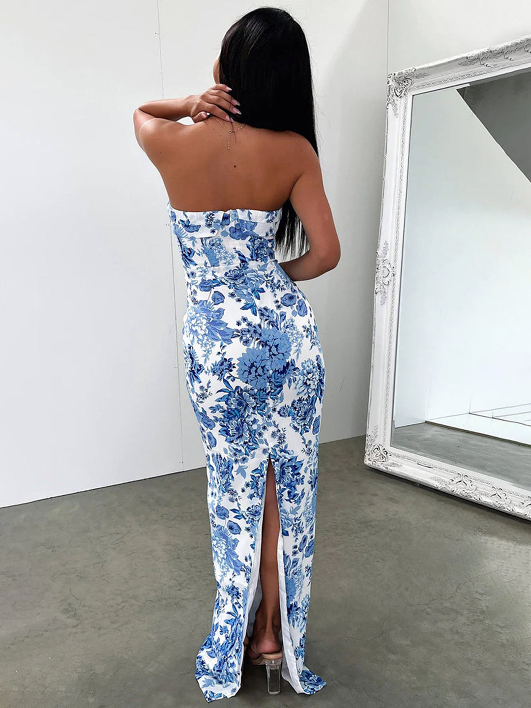 Women's Floral Dress Strapless | Back Slit Maxi