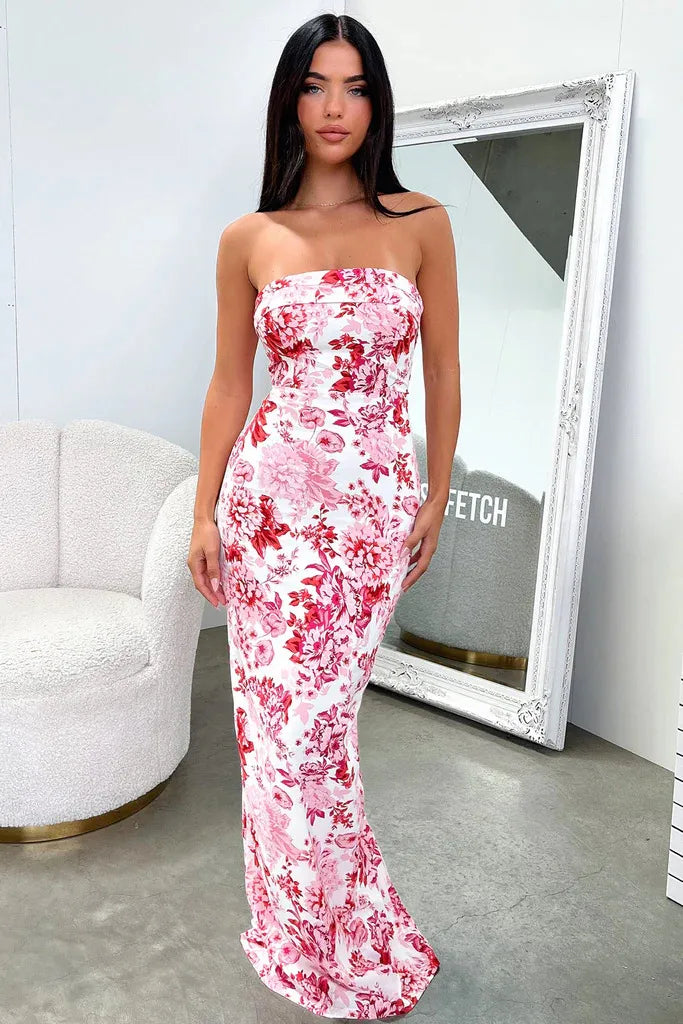 Women's Floral Dress Strapless | Back Slit Maxi