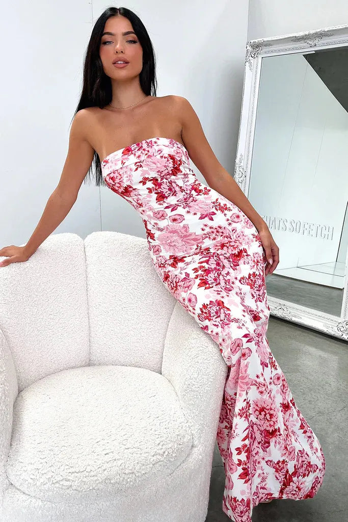 Women's Floral Dress Strapless | Back Slit Maxi