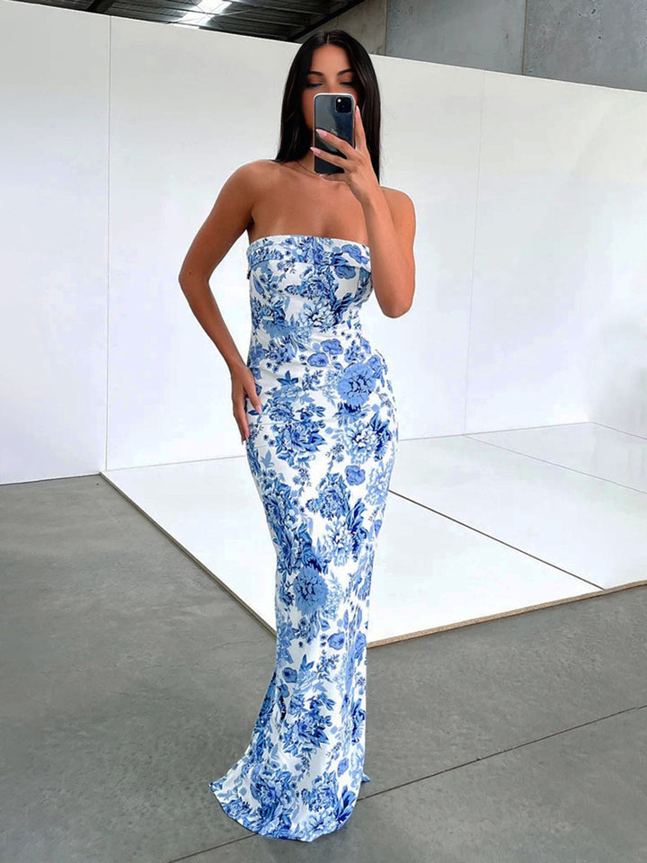 Women's Floral Dress Strapless | Back Slit Maxi