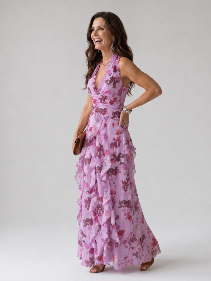 Women's Floral Dress with Halter Neck | Ruffle Maxi
