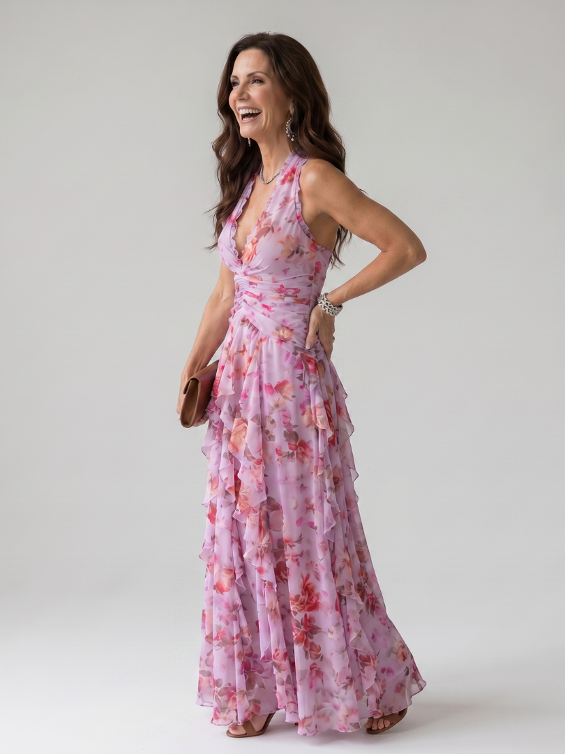 Women's Floral Dress with Halter Neck | Ruffle Maxi