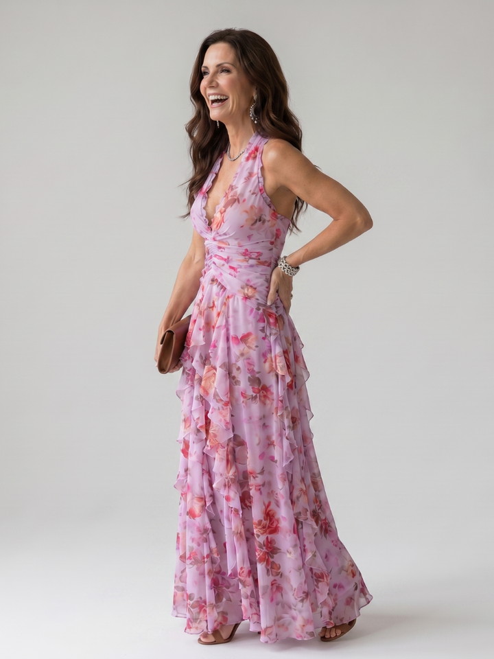 Women's Floral Dress with Halter Neck | Ruffle Maxi