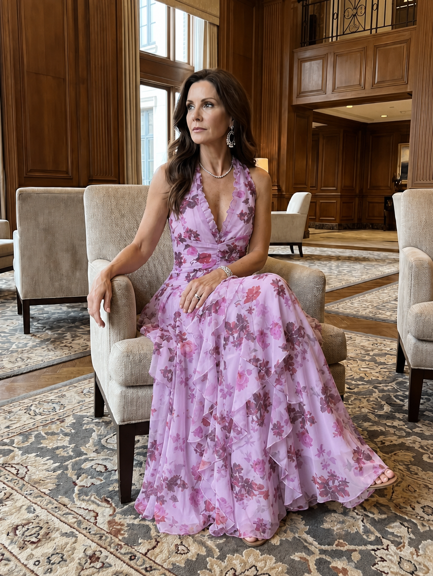 Women's Floral Dress with Halter Neck | Ruffle Maxi