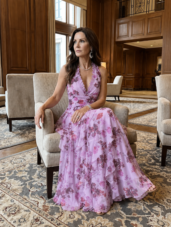 Women's Floral Dress with Halter Neck | Ruffle Maxi