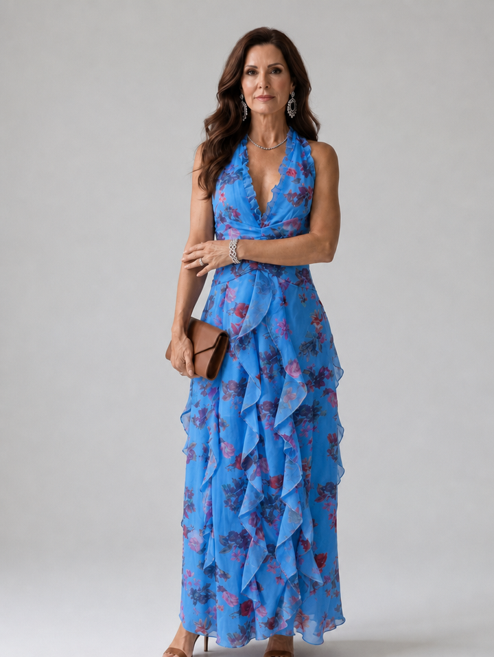 Women's Floral Dress with Halter Neck | Ruffle Maxi